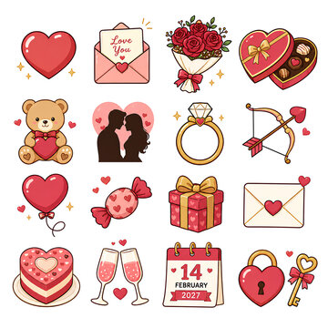 Kawaii Valentine 2027 Icon Set Red Gold Love Cute Vector Illustration
