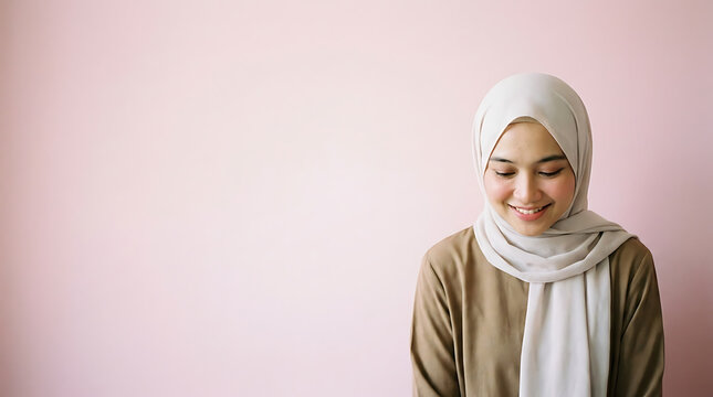 Portrait of a smiling young Muslim woman wearing a hijab against a plain pink background with negative space