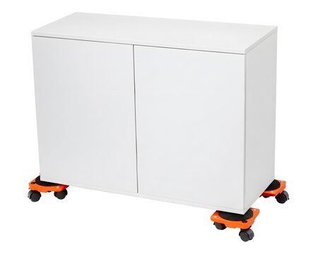 Wheeled Corner Movers Positioned Beneath Cabinet At Four Corners For Easy Furniture Relocation Demonstration Photography