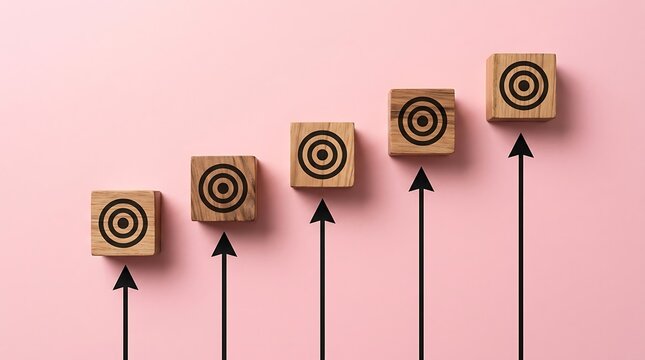 Wooden blocks with target icons and upward arrows representing business growth and success.