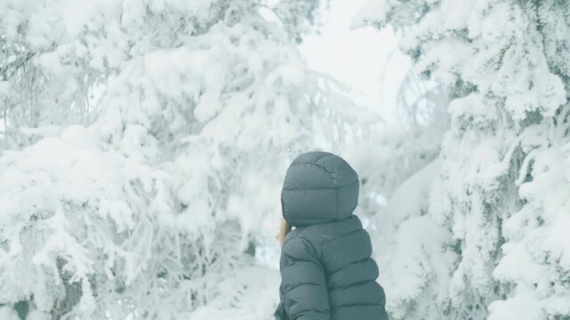 Boy in puffer jacket reaching up into snowy pine branches as snow cascades down around him