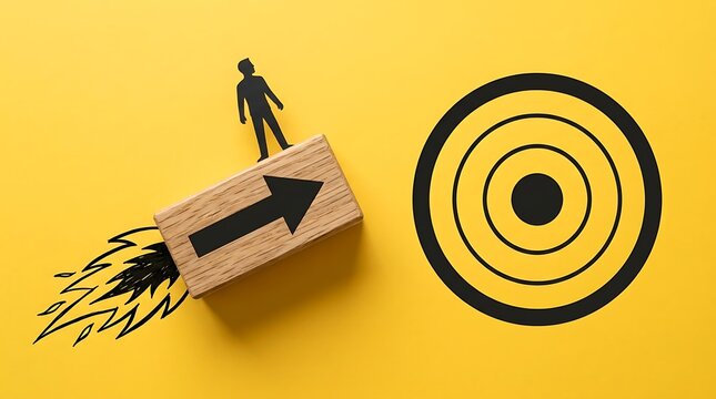 Paper figure on wooden block with arrow aiming at target on yellow background