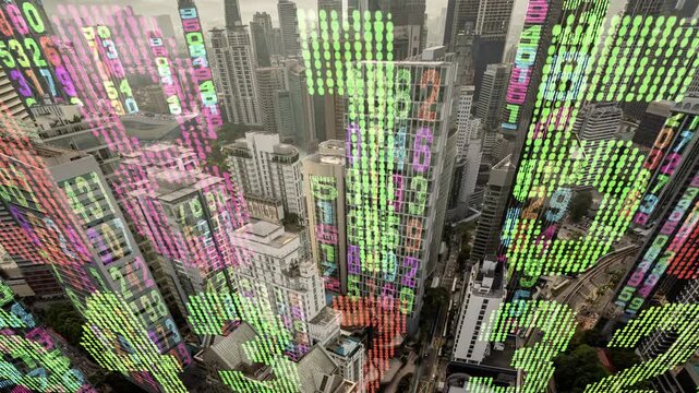 kuala lumpur cyberpunk city with overlayed code and data on the buildings