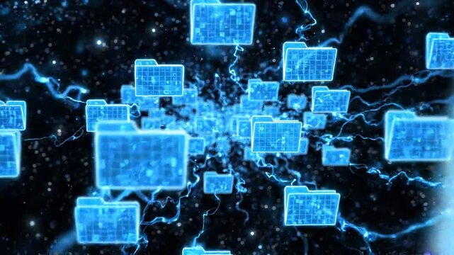 Digital data folders flying through futuristic network connections and bright particles in cyberspace environment futuristic technology concept motion graphics.