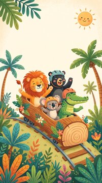 A cheerful group of cartoon animals, including a lion, bear, koala, and alligator, ride a log flume through a vibrant, tropical jungle under a smiling sun.