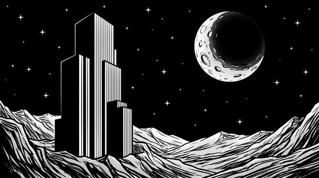 Retro 1-Bit Pixel Art Monolith on Alien Moon Landscape