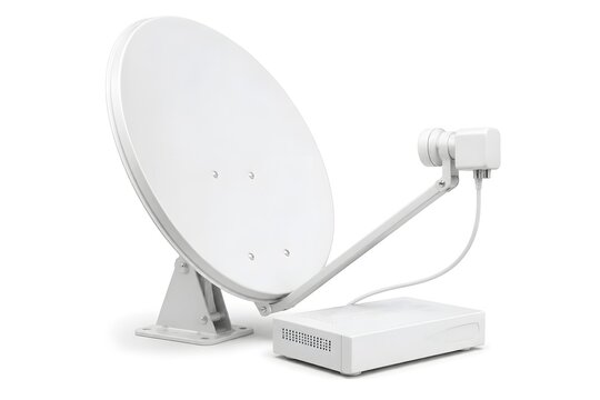 Small Satellite Dish Terminal with Generic Receiver Assembly and Smooth Hardware on Pure White Background