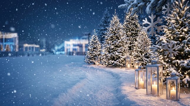 Snowy winter evening scene featuring illuminated christmas trees, glowing lanterns on a snow-covered path, and falling snowflakes against a dark blue night sky background