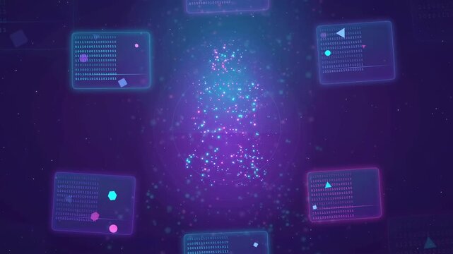 Abstract futuristic digital data stream with floating holographic interfaces and glowing particles on purple background