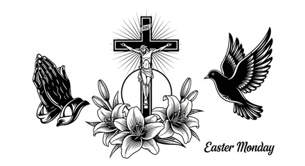 Fototapeta premium Easter monday religious symbols with cross praying hands dove with symbols including crucifix white illustration easter depicts black white with Christianity
