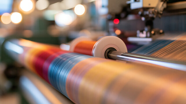 multicolored straight thread strands texture displayed with sewing and loom equipment at a bright garment factory, textile industry concept, colorful, bright, with copy space