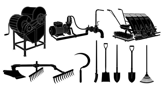 Black and white illustration of various gardening tools with collection gardening tools equipment shovel roller sickle tiller mower rake with pump
