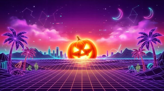 A vibrant and captivating halloween background featuring a glowing jack o' lantern sunset silhouetted palm trees and a retro wave aesthetic perfect for spooky