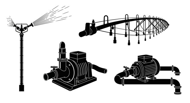 Industrial water pumps and irrigation systems with sprinkler with white illustrations industrial black white architecture engineering agriculture