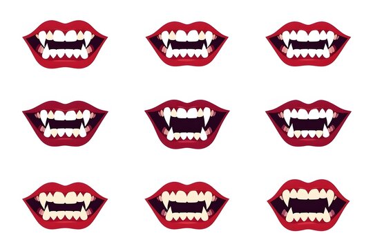 Nine vampire mouths with red lips and sharp fangs on white.