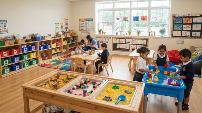 Preschool classroom interior with children engaged in learning activities and sensory play tables