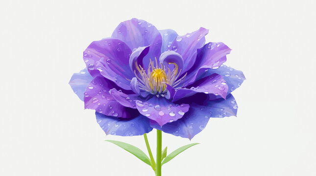Single large purple clematis flower with water drops yellow center dew drops