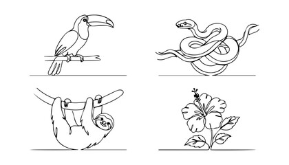 Naklejka premium Continuous line art tropical animals vector set with toucan sloth snake and flower icons