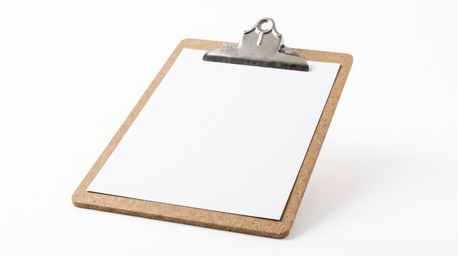 Blank clipboard with white paper and metal clip on a white background