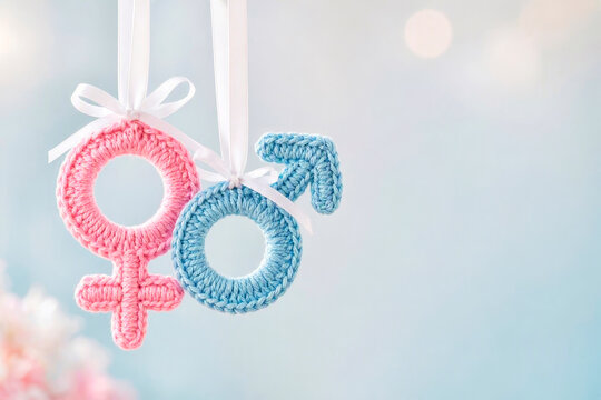 Knitted symbols of a man and woman on white ribbons with bows. Congratulatory banner or card for the birth of a baby. Baby gender reveal party.