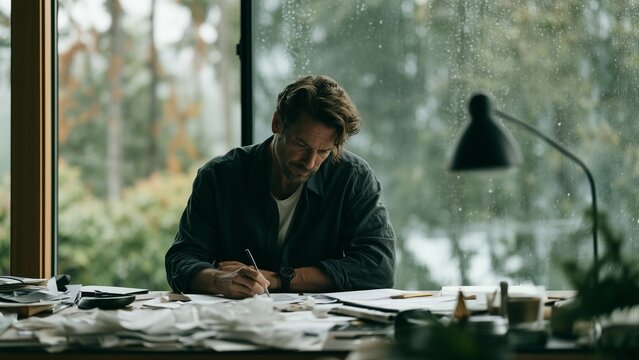 Professional  planning in economic uncertainty.wears a calm, resolute expression at a desk by a window after rain.Scene captures a seamless transition from scattered documents to a systematic strategy