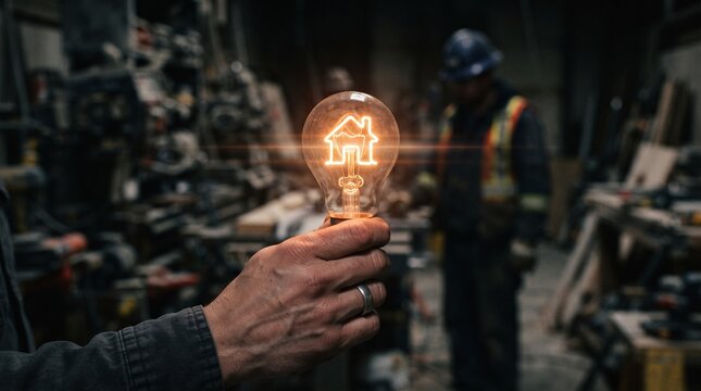Worker holding glowing light bulb with house inside industrial workshop house industrial workshop