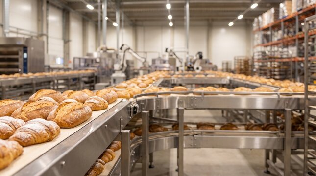 Freshly Baked Bread And Pastries Moving Along Automated Conveyor Belt In Industrial Bakery