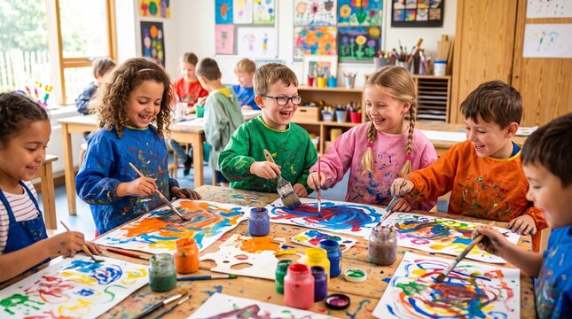 Joyful children enthusiastically creating colorful abstract art in a bright classroom setting