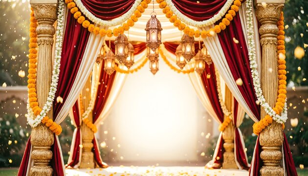 Elegant Indian wedding mandap decorated with vibrant orange marigold garlands and rich velvet red curtains featuring antique hanging lanterns that emit a warm golden glow during a traditional 