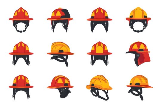 Set of firefighter helmets in different colors and angles.