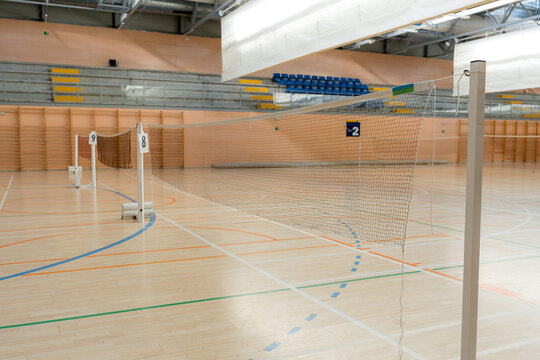 Badminton tournament court detail in an empty indoor hall