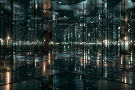 An immersive mirror room creating an infinite, dazzling illusion with warm glowing lights reflecting endlessly, creating a complex, disorienting maze-like space.