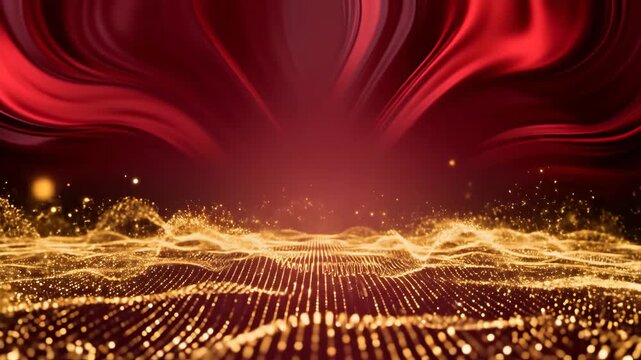 Luxury abstract background with golden particle waves and elegant red silk curtains