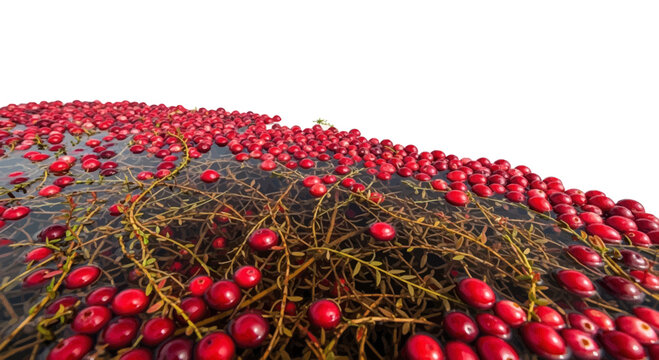 Fresh Red Cranberries Floating in Water Basin During Harvesting Season for Organic Juice and Healthy Food Production
