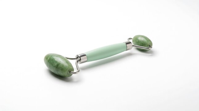 Natural green jade roller facial massage tool isolated on pure white background, anti aging beauty concept