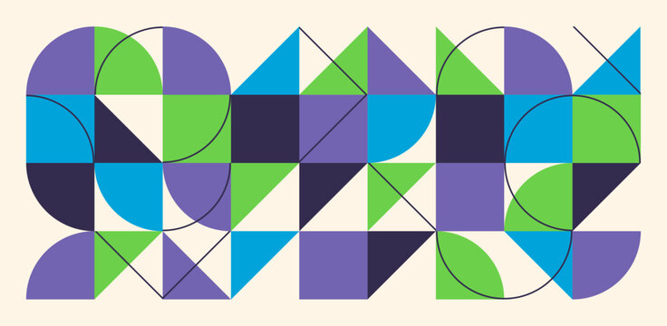 Abstract geometric pattern with circles, triangles, and squares in purple, blue, and green. Vector illustration.