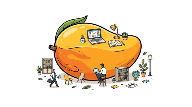 Creative mango shaped office workspace concept featuring tiny business professionals working with modern technology digital equipment
