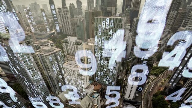 kuala lumpur cyberpunk city with overlayed code and data on the buildings