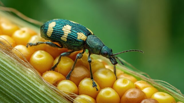 Southern Corn Rootworm beetle eating kernels on ear of corn. Agriculture pest control, insect damage and farming insecticide concept.
