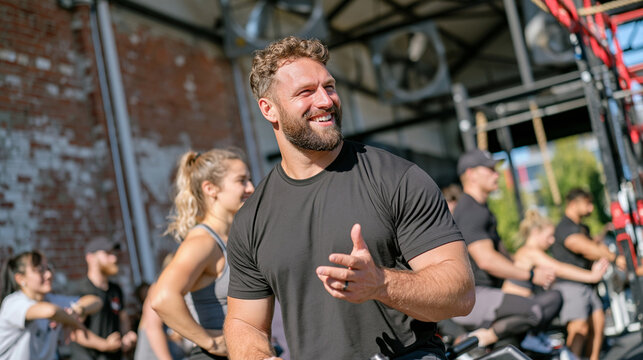 A crossfit coach leads a morning session in a gritty urban warehouse gym, coaching a visibly anxious teenager reluctant to join the group warm up, other members mid-movement behind them, exposed bri