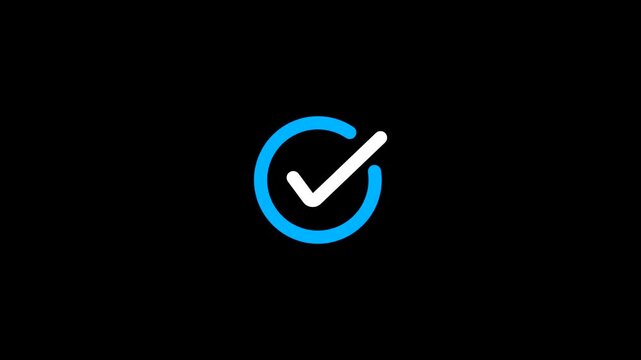 Blue circular check mark icon isolated on a black background animation