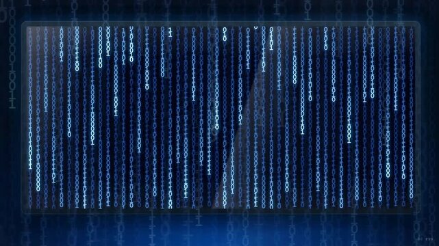 Abstract digital binary code streaming vertically on a dark blue technological background