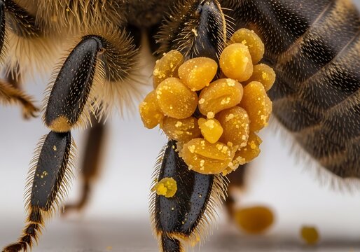 Macro of honeybee carrying yellow pollen on its leg