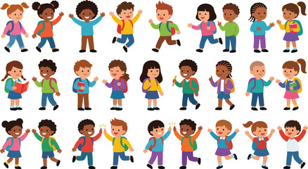 Fototapeta premium Flat Vector Set of Diverse Happy School Children Standing, Walking, Jumping and Raising Hands