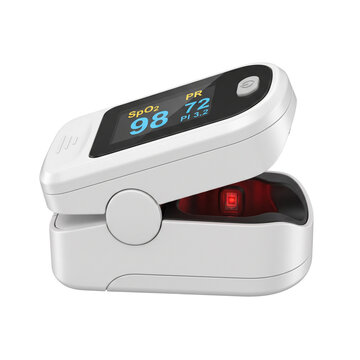 Fingertip Pulse Oximeter with Red Light Display on Transparent Background
