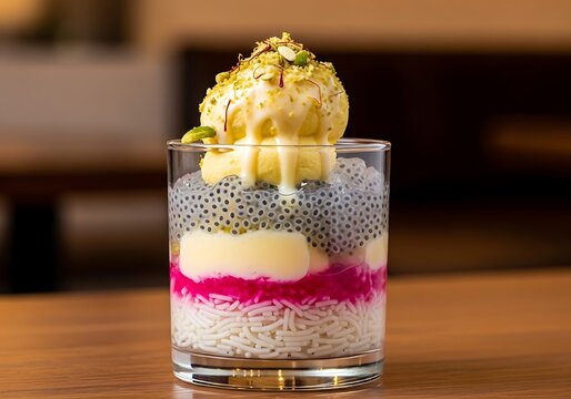 Layered royal falooda dessert with basil seeds