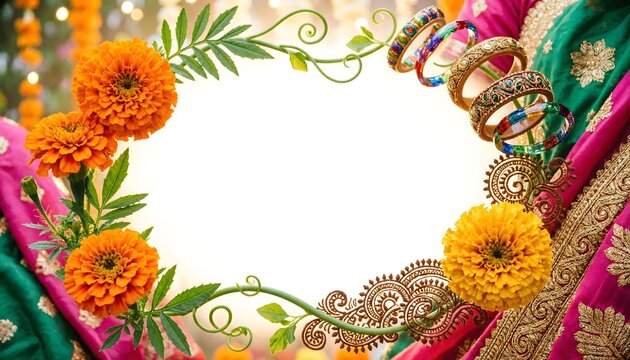 Vibrant orange marigold flowers arranged elegantly with ornate gold bangles and traditional intricate henna patterns creating a beautiful natural frame for wedding invitation text or festive