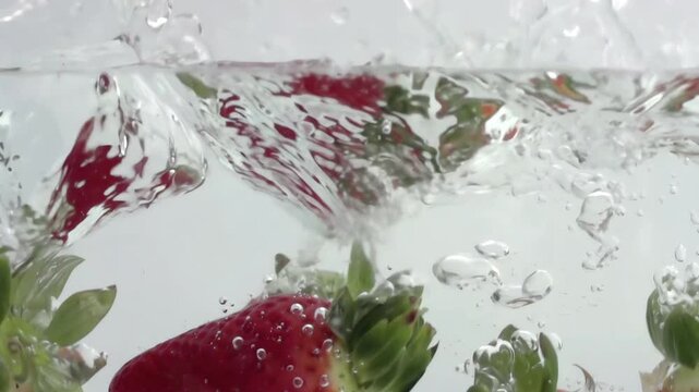 fresh strawberries fruit dropped into water in super slow motion