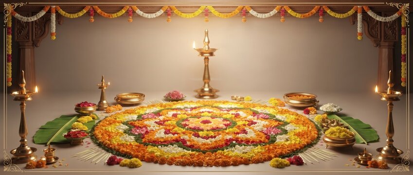 Traditional indian pookalam floral rangoli with brass oil lamps, marigold petals, and banana leaves arranged on a floor for diwali or onam festival celebration