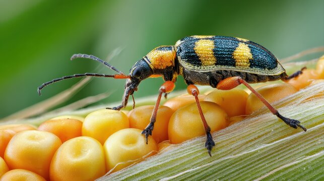 Southern Corn Rootworm beetle eating kernels on ear of corn. Agriculture pest control, insect damage and farming insecticide concept.